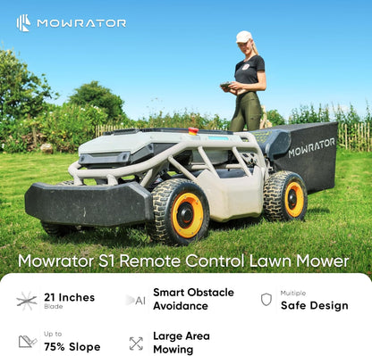 RC Lawn Mower S1 4WD 56V18Ah, Multifunctional RC Lawn Mower with Cutting Height 1.5-4.3 Inches, 21 Inch True Blade for 75% Slope (37°) and Mows 1.12 Acres